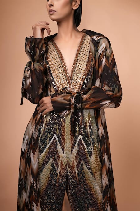 Buy_Nikita Mhaisalkar_Brown Organza Open Geometric Pattern Jacket_Online_at_Aza_Fashions