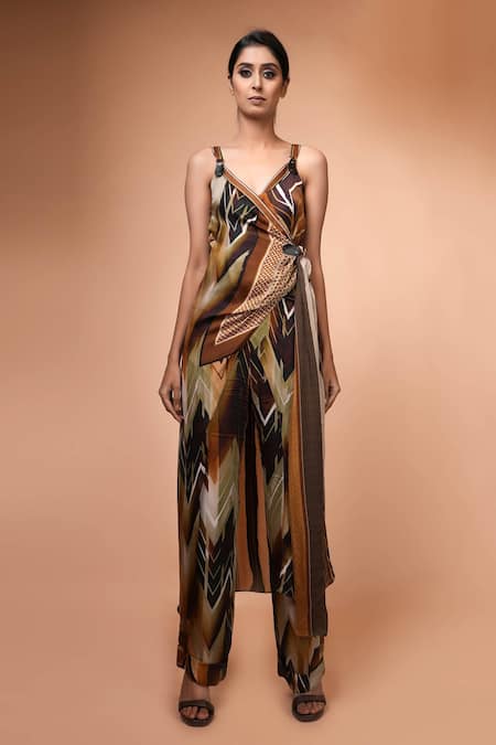 Nikita Mhaisalkar_Brown Satin Geometric Pattern Pant_Online_at_Aza_Fashions