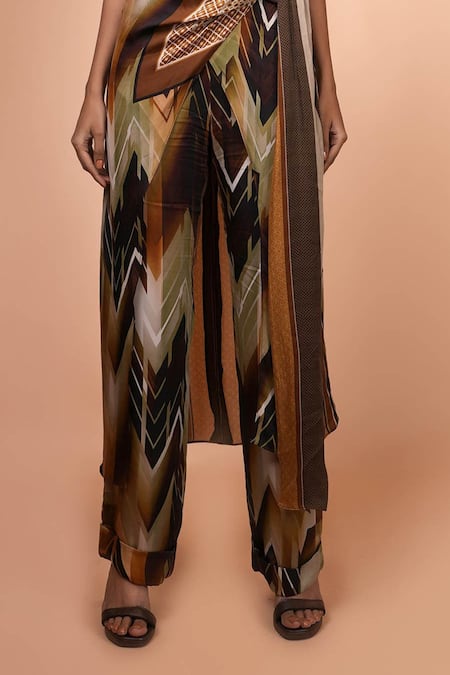 Buy_Nikita Mhaisalkar_Brown Satin Geometric Pattern Pant_Online_at_Aza_Fashions