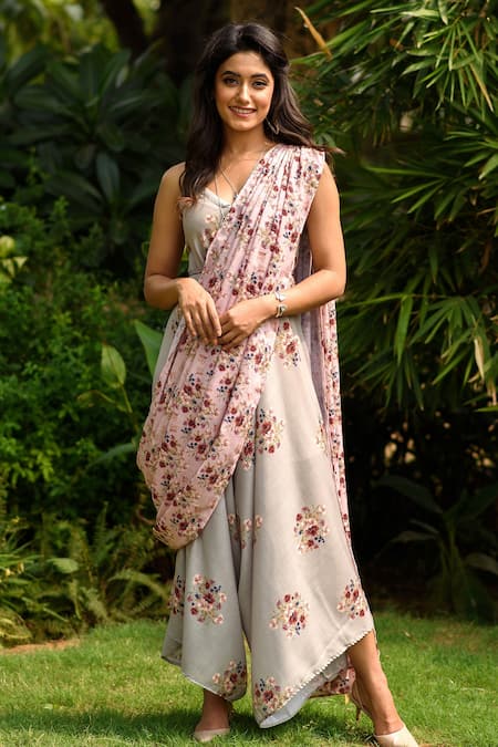 Pasha India Green Linen Printed Floral V Neck Jumpsuit With Drape 