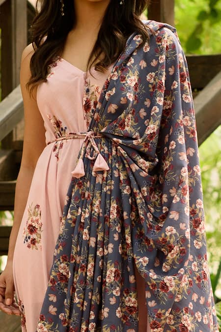 Shop_Pasha India_Pink Linen Floral Print V Neck Jumpsuit With Drape _at_Aza_Fashions