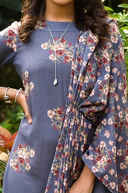 Shop_Pasha India_Blue Linen Floral Print Boat Jumpsuit With Drape _at_Aza_Fashions