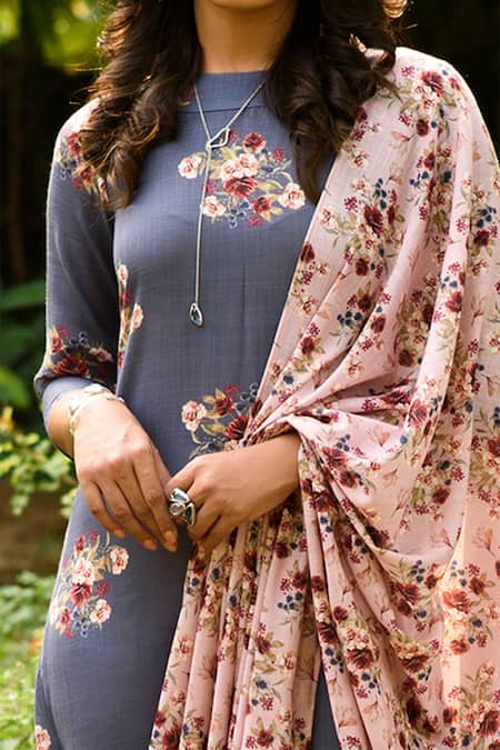 Shop Pasha India Blue Linen Floral Print Boat Jumpsuit With Drape at Aza Fashions Shop_Pasha India_Blue Linen Floral Print Boat Jumpsuit With Drape _at_Aza_Fashions