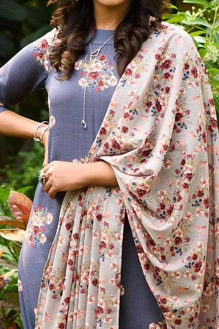 Shop Pasha India Blue Linen Floral Print Boat Jumpsuit With Drape at Aza Fashions Shop_Pasha India_Blue Linen Floral Print Boat Jumpsuit With Drape _at_Aza_Fashions