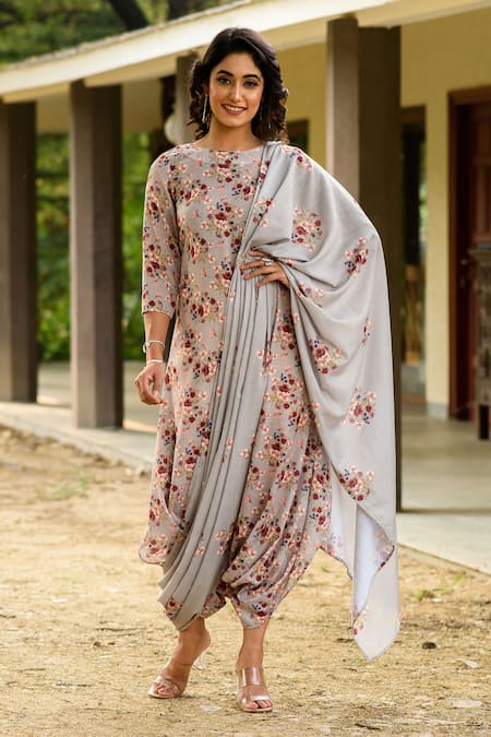 Pasha India Green Linen Floral Print Round Jumpsuit With Drape