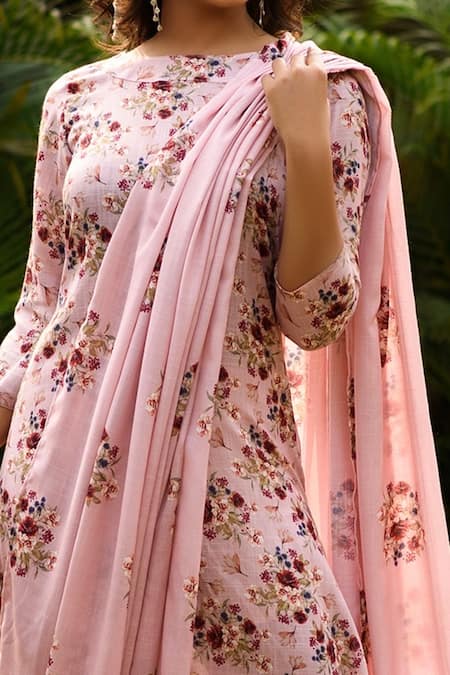 Shop_Pasha India_Pink Linen Floral Print Round Jumpsuit With Drape _at_Aza_Fashions