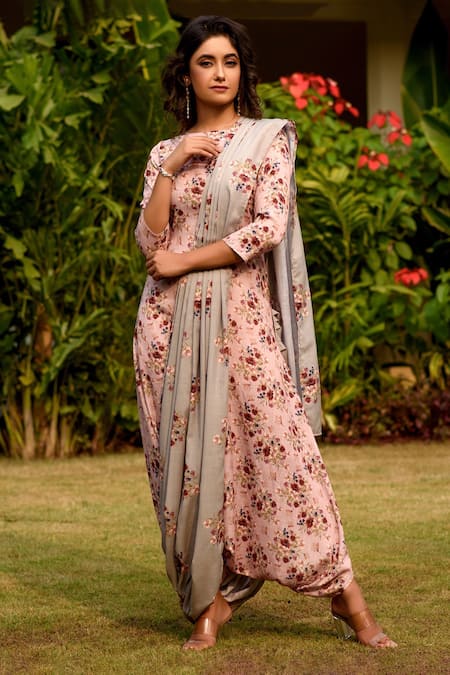 Pasha India Pink Linen Printed Floral Round Jumpsuit With Drape 