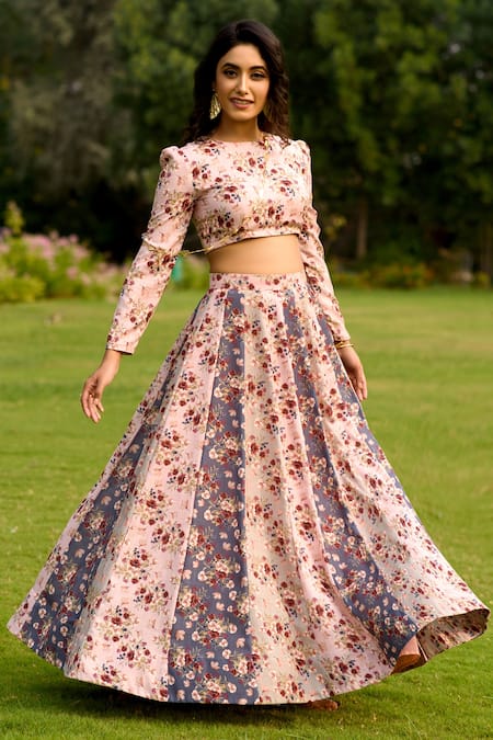 Pasha India - Blue Linen Printed Floral Round Crop Top And Skirt Set For  Women