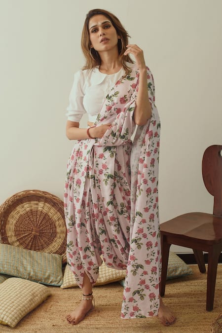 Pasha India Pink Linen Printed Floral Peter Pan Collar Pre-draped Dhoti Saree With Blouse