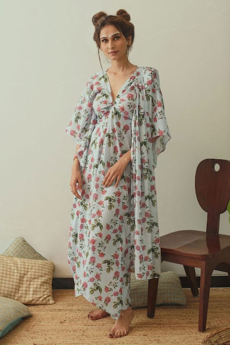 Pasha India Blue Linen Floral, Stripes V Neck Printed Draped Kaftan 