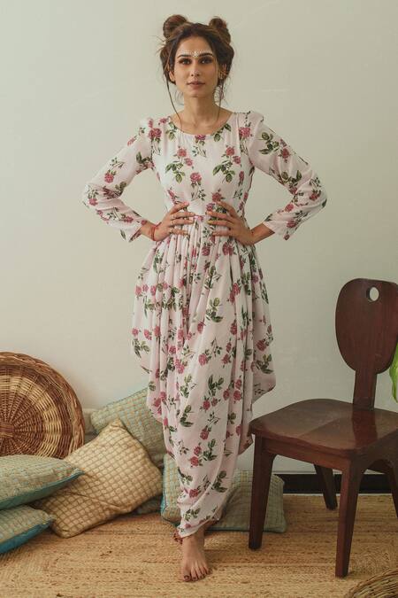 Pasha India_Pink Linen Floral Round Printed Dhoti Jumpsuit _Online_at_Aza_Fashions