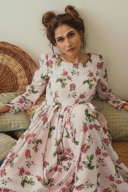 Buy_Pasha India_Pink Linen Floral Round Printed Dhoti Jumpsuit _Online_at_Aza_Fashions