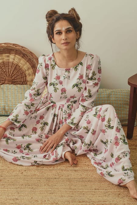 Shop_Pasha India_Pink Linen Floral Round Printed Dhoti Jumpsuit _Online_at_Aza_Fashions