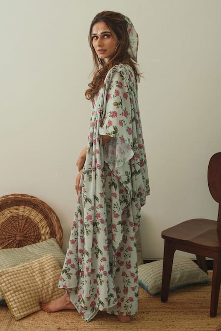 Buy_Pasha India_Green Linen Floral, Stripes V Neck Printed Draped Kaftan _Online_at_Aza_Fashions