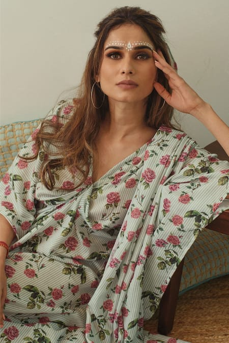 Shop_Pasha India_Green Linen Floral, Stripes V Neck Printed Draped Kaftan _Online_at_Aza_Fashions