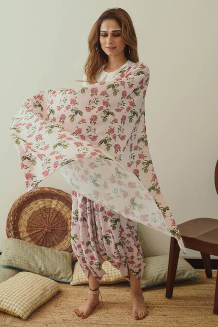 Pasha India Pink Linen Floral, Stripes Peter Pan Collar Pre-draped Dhoti Saree With Blouse Online at Aza Fashions Pasha India_Pink Linen Floral, Stripes Peter Pan Collar Pre-draped Dhoti Saree With Blouse _Online_at_Aza_Fashions