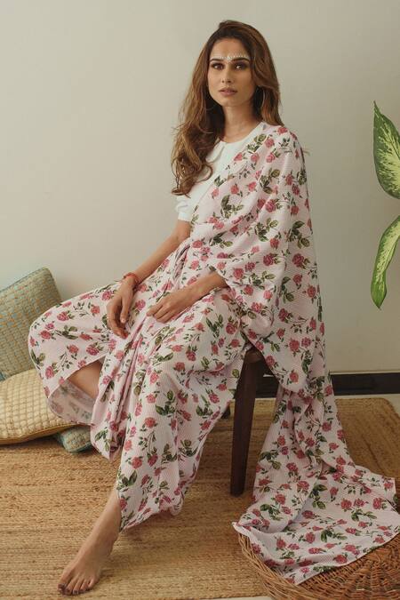 Shop Pasha India Pink Linen Floral, Stripes Peter Pan Collar Pre-draped Dhoti Saree With Blouse Online at Aza Fashions Shop_Pasha India_Pink Linen Floral, Stripes Peter Pan Collar Pre-draped Dhoti Saree With Blouse _Online_at_Aza_Fashions