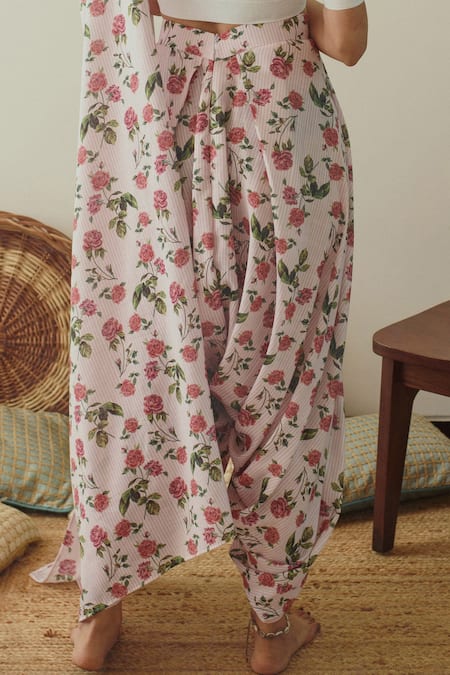 Pasha India Pink Linen Floral, Stripes Peter Pan Collar Pre-draped Dhoti Saree With Blouse at Aza Fashions Pasha India_Pink Linen Floral, Stripes Peter Pan Collar Pre-draped Dhoti Saree With Blouse _at_Aza_Fashions