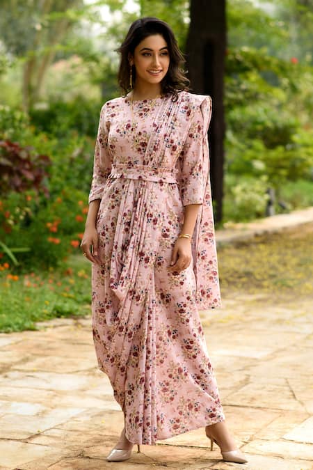 Pasha India Pink Linen Printed Floral Round Saree Dress With Belt 