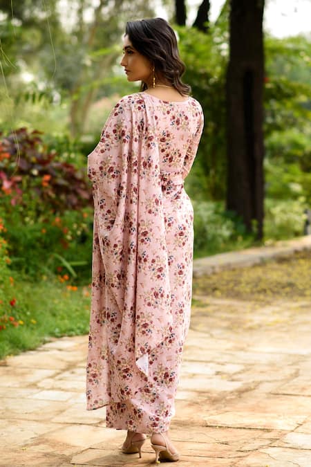 Shop_Pasha India_Pink Linen Printed Floral Round Saree Dress With Belt _at_Aza_Fashions
