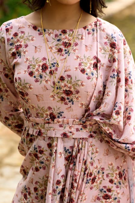 Shop_Pasha India_Pink Linen Printed Floral Round Saree Dress With Belt _Online_at_Aza_Fashions
