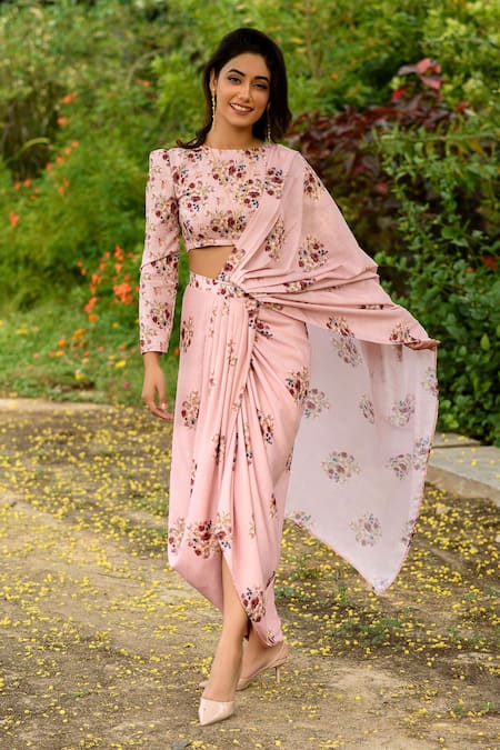 Buy_Pasha India_Pink Linen Floral Print Round Pre-draped Saree With Blouse _Online_at_Aza_Fashions