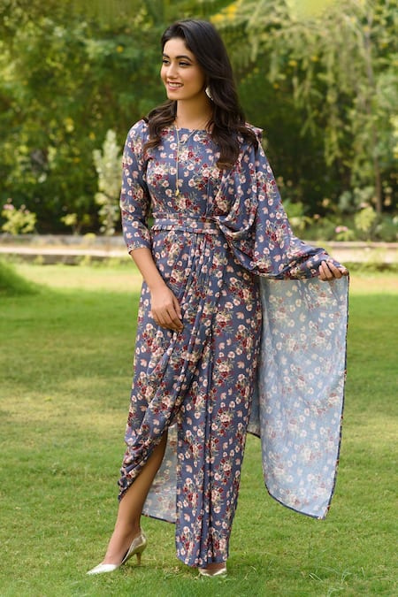 Buy Blue Linen Printed Floral Round Saree Dress With Belt For Women by  Pasha India Online at Aza Fashions.