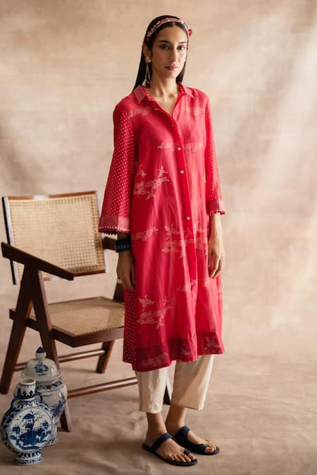 Swatti Kapoor_Red Handwoven Chanderi Block Prints Collared Neck Cam Tunic _Online_at_Aza_Fashions