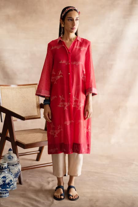 Buy_Swatti Kapoor_Red Handwoven Chanderi Block Prints Collared Neck Cam Tunic _Online_at_Aza_Fashions