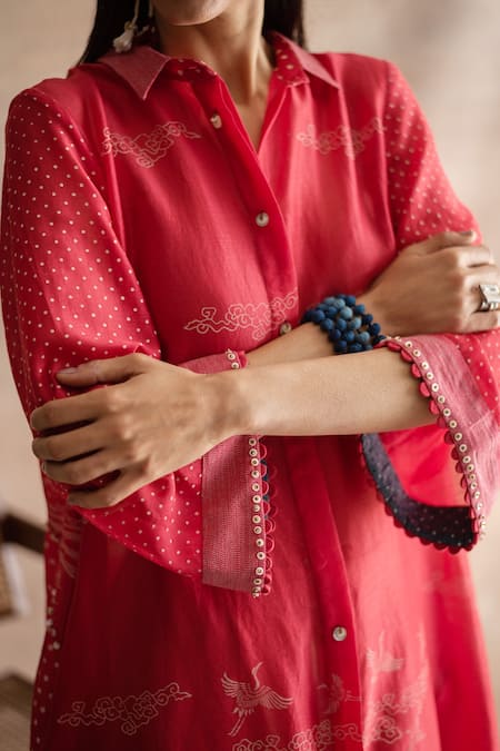 Shop_Swatti Kapoor_Red Handwoven Chanderi Block Prints Collared Neck Cam Tunic _Online_at_Aza_Fashions
