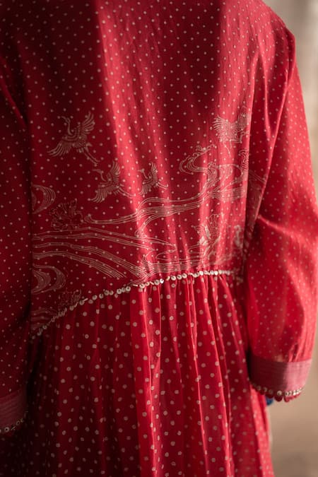 Swatti Kapoor_Red Handwoven Chanderi Block Prints Collared Neck Cam Tunic _at_Aza_Fashions