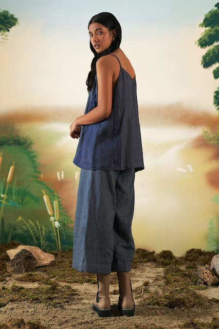 Shop Febo6 Blue Linen Sequin, Primrose V Neck Top at Aza Fashions Shop_Febo6_Blue Linen Sequin, Primrose V Neck Top _at_Aza_Fashions