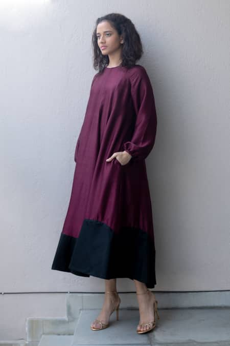 Shop Kavya Singh Kundu Maroon Silk Round Neck Port Mulberry Colour Block Hem Dress Online at Aza Fashions Shop_Kavya Singh Kundu_Maroon Silk Round Neck Port Mulberry Colour Block Hem Dress _Online_at_Aza_Fashions