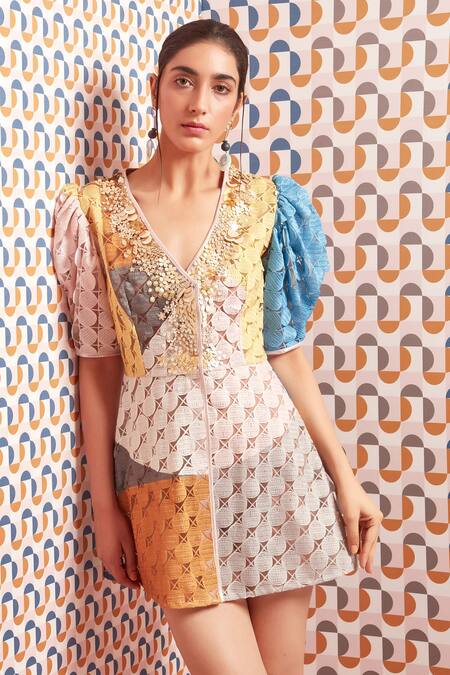 Pankaj & Nidhi Multi Color Polyester V Neck Colorblock Dress at Aza Fashions Pankaj & Nidhi_Multi Color Polyester V Neck Colorblock Dress _at_Aza_Fashions
