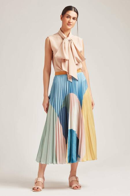 Pankaj & Nidhi_Multi Color Polyester Satin Pleated Midi Skirt _Online_at_Aza_Fashions