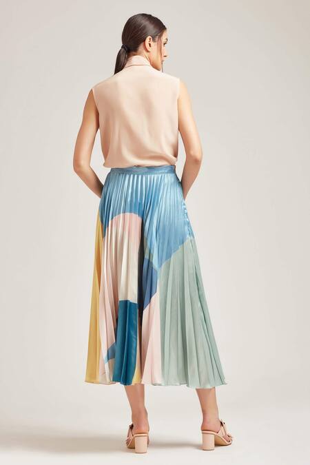Buy_Pankaj & Nidhi_Multi Color Polyester Satin Pleated Midi Skirt _Online_at_Aza_Fashions