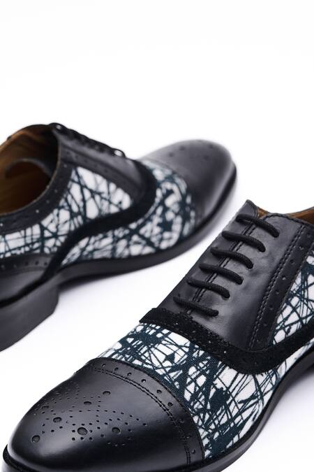 Mistersinister_Black Crust Leather With Crease-free Printed Canvas Crust Leather Brogue Shoes_at_Aza_Fashions