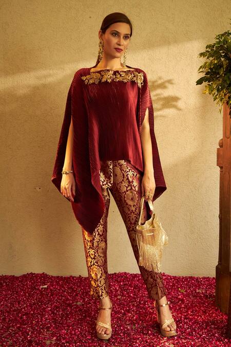 Tasuvure Indes Maroon Brocade, Pleated Floral, Sequin Square Divine Embroidered Cape And Pant Set Online at Aza Fashions Tasuvure Indes_Maroon Brocade, Pleated Floral, Sequin Square Divine Embroidered Cape And Pant Set_Online_at_Aza_Fashions