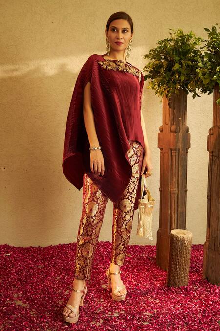 Buy Tasuvure Indes Maroon Brocade, Pleated Floral, Sequin Square Divine Embroidered Cape And Pant Set Online at Aza Fashions Buy_Tasuvure Indes_Maroon Brocade, Pleated Floral, Sequin Square Divine Embroidered Cape And Pant Set_Online_at_Aza_Fashions