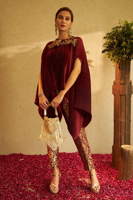 Shop Tasuvure Indes Maroon Brocade, Pleated Floral, Sequin Square Divine Embroidered Cape And Pant Set Online at Aza Fashions Shop_Tasuvure Indes_Maroon Brocade, Pleated Floral, Sequin Square Divine Embroidered Cape And Pant Set_Online_at_Aza_Fashions