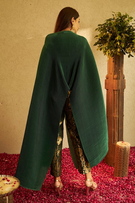 Tasuvure Indes_Green Brocade, Pleated Floral, Sequin Divine Embroidered Cape And Pant Set _Online_at_Aza_Fashions