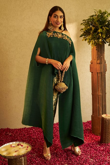 Shop_Tasuvure Indes_Green Brocade, Pleated Floral, Sequin Divine Embroidered Cape And Pant Set _Online_at_Aza_Fashions