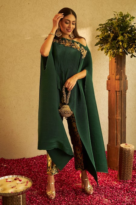 Tasuvure Indes_Green Brocade, Pleated Floral, Sequin Divine Embroidered Cape And Pant Set _at_Aza_Fashions