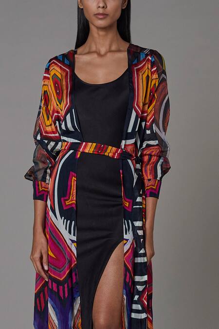 Saaksha & Kinni_Multi Color Chiffon Abstract Print Cape_Online_at_Aza_Fashions