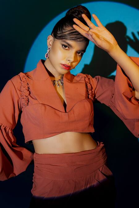 Shop_Nidzign Couture_Pink Crepe Plain V Neck Cropped Blazer And Pant Set _Online_at_Aza_Fashions