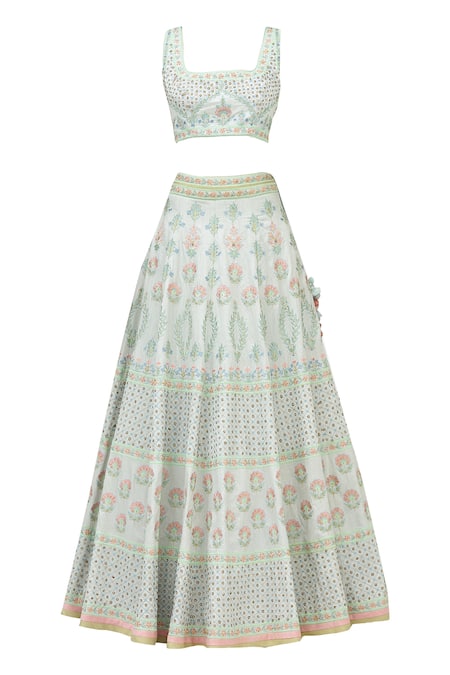 Shop_Aariyana Couture_Blue Brocade, Net, Denim Embroidery Square Neck Bridal Lehenga Set_Online_at_Aza_Fashions