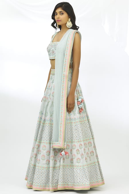 Buy_Aariyana Couture_Blue Brocade, Net, Denim Embroidery Square Neck Bridal Lehenga Set_Online_at_Aza_Fashions