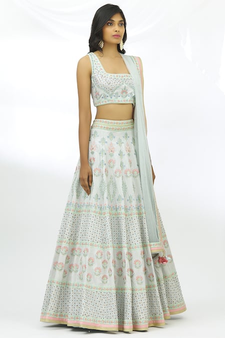 Aariyana Couture_Blue Brocade, Net, Denim Embroidery Square Neck Bridal Lehenga Set_Online_at_Aza_Fashions
