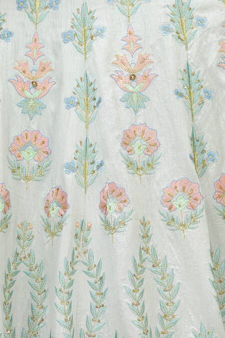 Aariyana Couture_Blue Brocade, Net, Denim Embroidery Square Neck Bridal Lehenga Set_at_Aza_Fashions