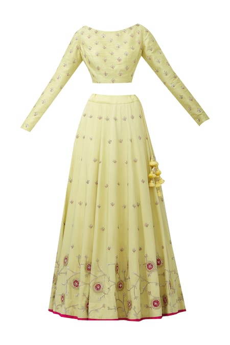 Shop_Aariyana Couture_Yellow Muslin, Net, Silk Beads, Embroidery Round Neck Bridal Lehenga Set_Online_at_Aza_Fashions